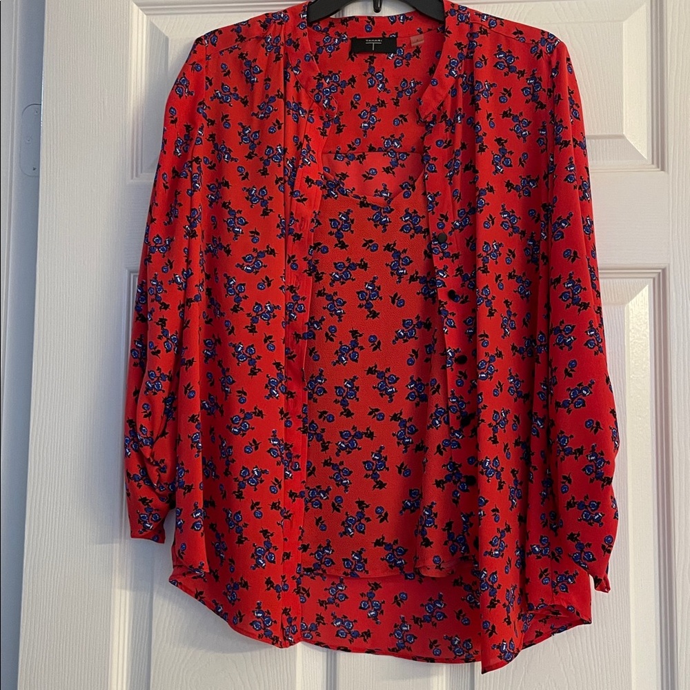 Tahari Red blouse and tank top with Blue Floral Design